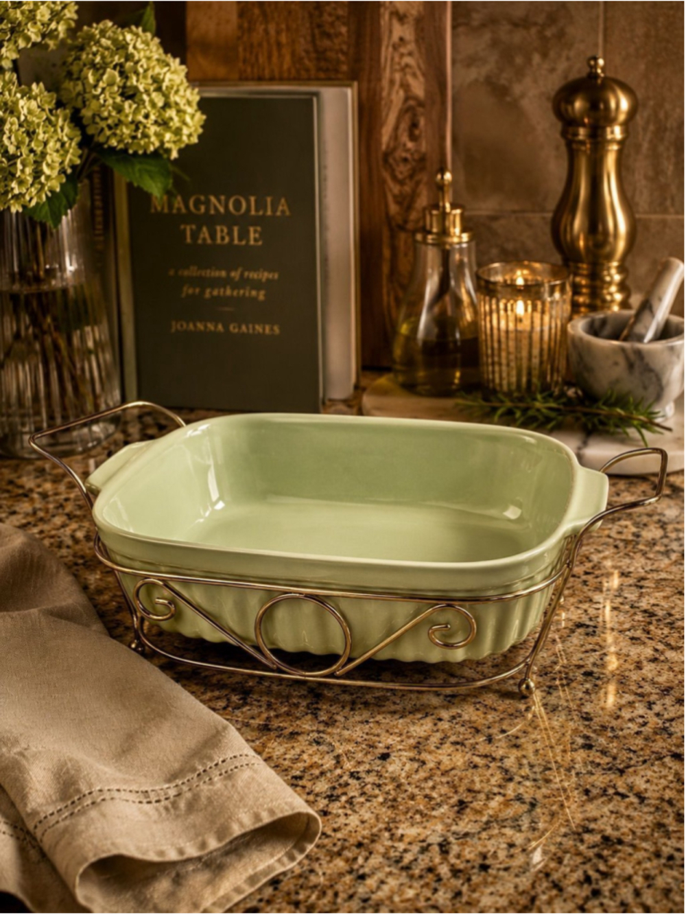 Vintage Sage Green Ceramic Baking Dish with Gold Tone Carrier | 1983 Oven to Tab